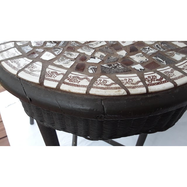 Shabby Chic One of a Kind ~ 1940s Boho Chic Mosiac WIcker Table For Sale - Image 3 of 13