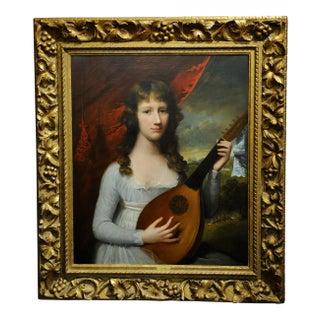 John Singleton Copley Attributed 18th Century Oil Painting "Portrait of a Girl With Lute" For Sale
