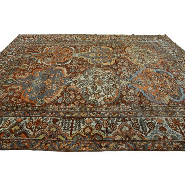 Antique Room Size Persian Bakhtiari Wool Rug Handmade in Red-Rust Color For Sale - Image 4 of 9