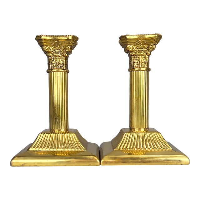 Antique English Brass Corinthian Column Candlestick Holders Set of 2 For Sale