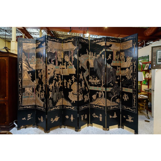 Eight Panel Black Oriental Screen For Sale - Image 10 of 10