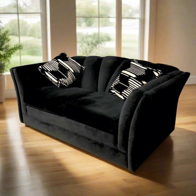 Mid-Century Modern 1970s Black Velour Loveseat With Clamshell Back For Sale - Image 3 of 7