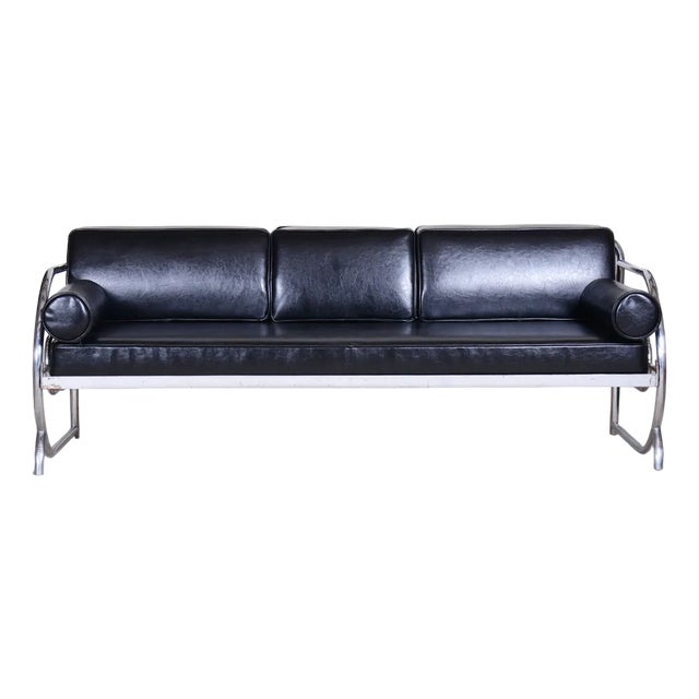 Bauhaus Sofa in Black Leather & Chrome Slezak attributed to Robert Slezak, 1930s For Sale