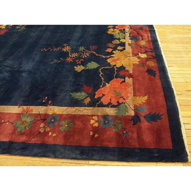 Textile 1920s Blue Field Floral Antique Chinese Art Deco Carpet 9' X 11'8" Knotted Wool Rug For Sale - Image 7 of 12