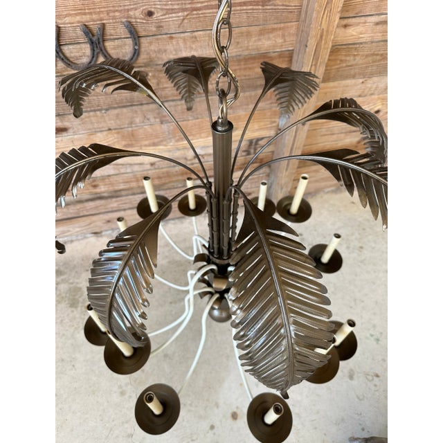 Vintage 12-Light Tole Palm Leaf Chandelier With Sculptural White Arms For Sale - Image 9 of 12