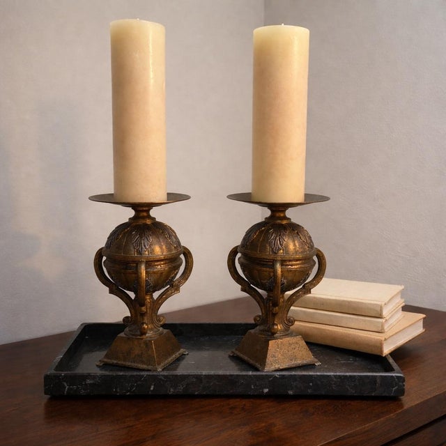 French Vintage Abel Casting Solid Bronze Urn Candlestick Pair — Neoclassical Empire Style For Sale - Image 3 of 11