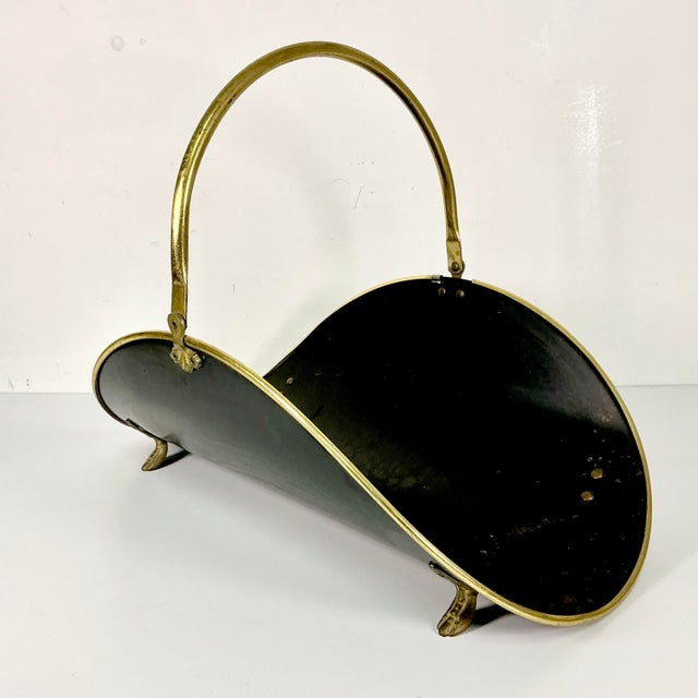 Mid-Century Arts & Crafts Federal Americana Black & Brass Firewood Holder With Paw Feet For Sale - Image 6 of 11
