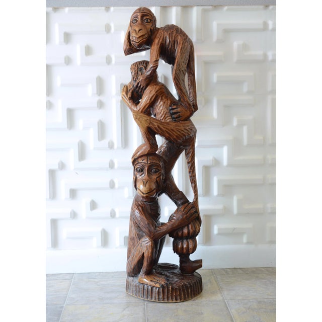 Wood Carved Monkey See No Evil Statue For Sale - Image 11 of 11