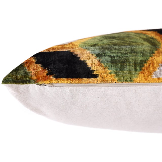 Hand-Knotted Silk Velvet Ikat Lumbar Pillow - 16x24 Moss & Ochre For Sale In San Francisco - Image 6 of 8
