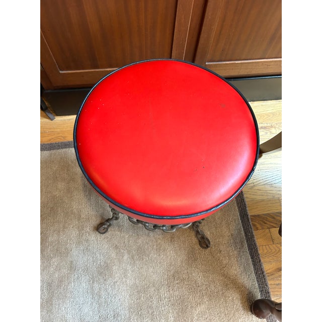 Mid 20th Century Vintage Industrial Brutalist Welded Iron Chain Stool With Red Vinyl Seat For Sale - Image 5 of 6