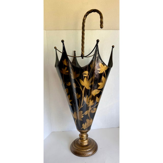 1960s Italian Figurative Black & Gold Floral Tole Umbrella Stand For Sale - Image 9 of 12