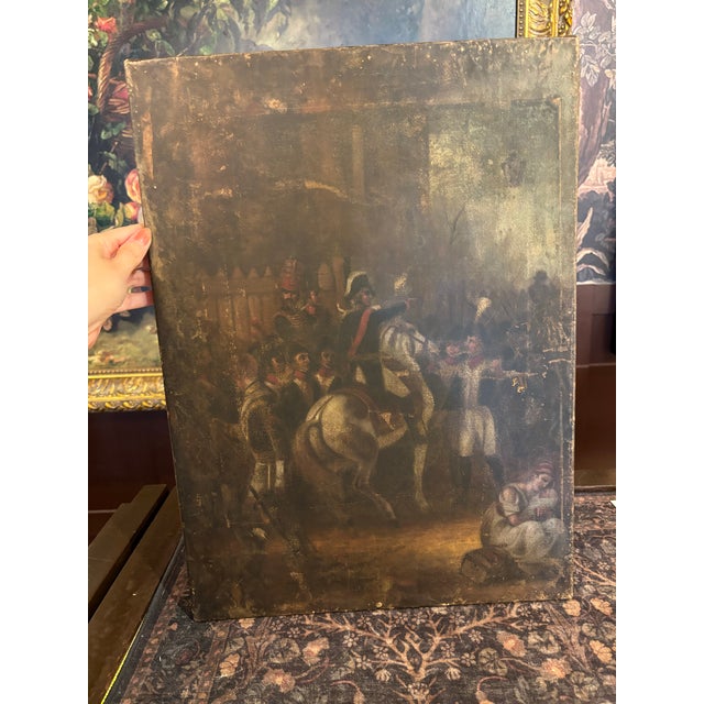 Atmospheric antique oil painting depicting a dramatic Napoleonic-era military scene, with a mounted officer surrounded by...