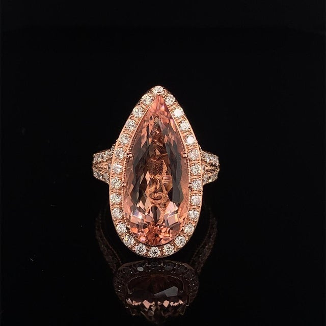 Traditional Morganite Diamond Ring 14k Rose Gold 6.91 TCW Certified For Sale - Image 3 of 16