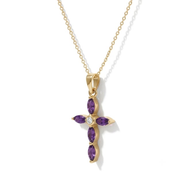 Contemporary Vintage Amethyst Cross Pendant Necklace | Purple Stone Cross Christian Jewelry | February Birthstone Gift For Sale - Image 3 of 4