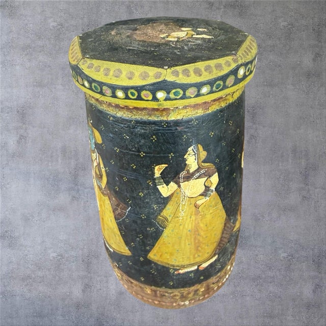 Indian Vintage Indian Hand Painted Wooden Box Krishna Gopi Folk Art Lidded Canister Jar⁠ For Sale - Image 3 of 10