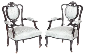 Set of Antique Carved Black Lacquered Library Chairs