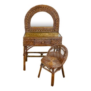 Mid-Century Boho Chic Coastal Arts & Crafts Wicker Vanity, Mirror & Chair - Set of 3. For Sale