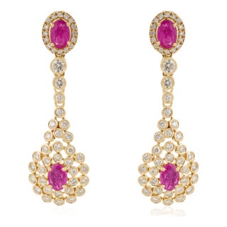 Art Deco Revival 1.71ct Ruby & 1.29ct Diamond Chandelier Drop Earrings 14k Gold- 2 Pieces For Sale