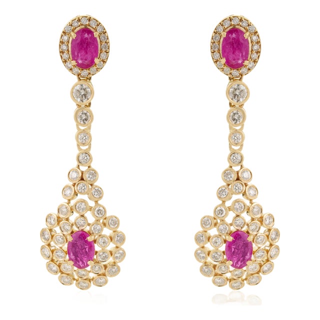 Art Deco Revival 1.71ct Ruby & 1.29ct Diamond Chandelier Drop Earrings 14k Gold- 2 Pieces For Sale