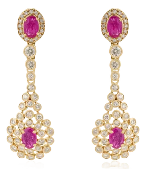 Art Deco Revival 1.71ct Ruby & 1.29ct Diamond Chandelier Drop Earrings 14k Gold- 2 Pieces