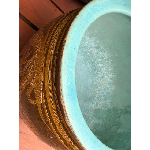 Large Chinese Glazed Terracotta Earthenware Planter Set Decorated With Dragons Egg Pots For Sale - Image 17 of 18