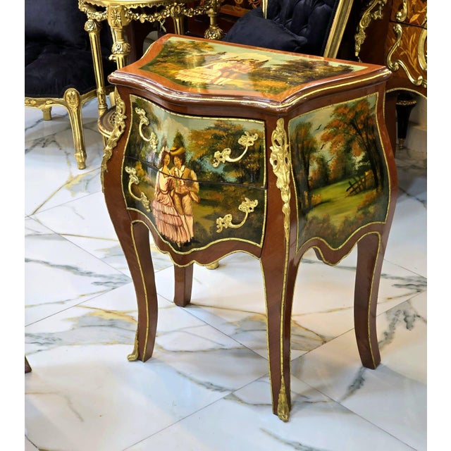 French Rococo Hand-Painted Accent Chest With Gold Leaf Details & Romantic Landscape Artwork For Sale - Image 4 of 4