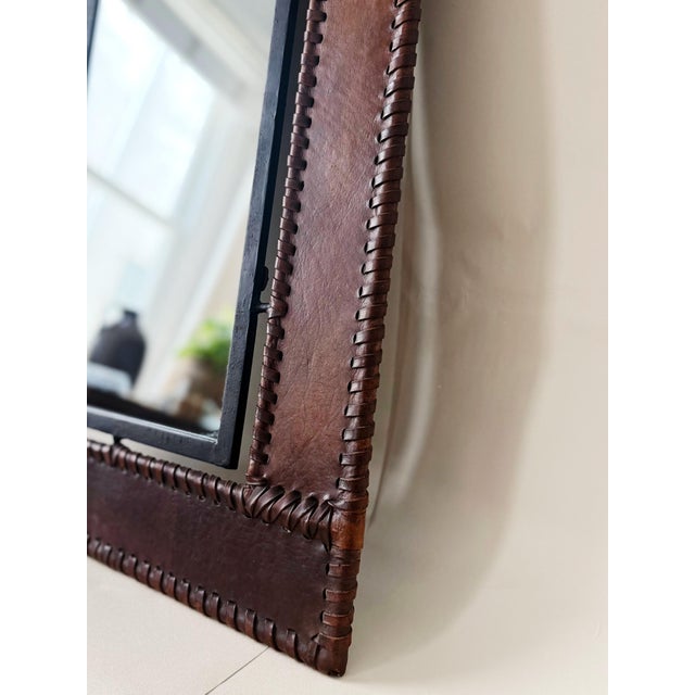 Vintage Hand-Stitched Leather Mirror With Brass Finials | Greek Modernist, Circa 1960s–1970s For Sale - Image 4 of 4