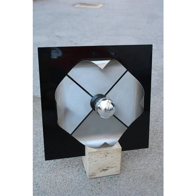 Black Italian Pop Art Black Acrylic Glass & Steel Curved Base Cube Table Lamp in Travertine Marble from New Lamp Italy, 1970s For Sale - Image 8 of 9