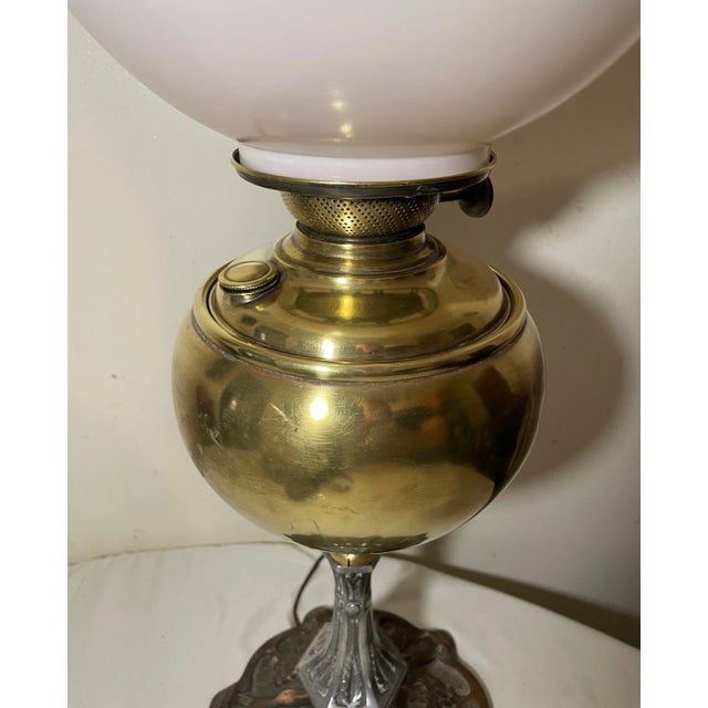 Large Antique Ornate 1800s Brass Glass Electrified Oil Table Parlor Banquet Lamp For Sale In New York - Image 6 of 12