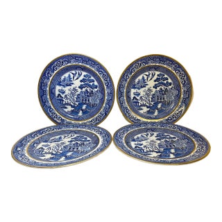 Antique Set of 4 Bednall & Heath Gold Rimmed Blue Willow Luncheon Plates From England - Circa 1880 For Sale