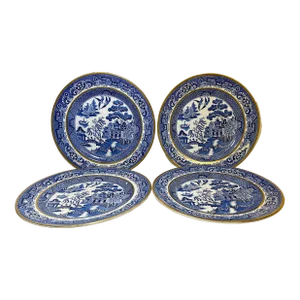 Antique Set of 4 Bednall & Heath Gold Rimmed Blue Willow Luncheon Plates From England - Circa 1880