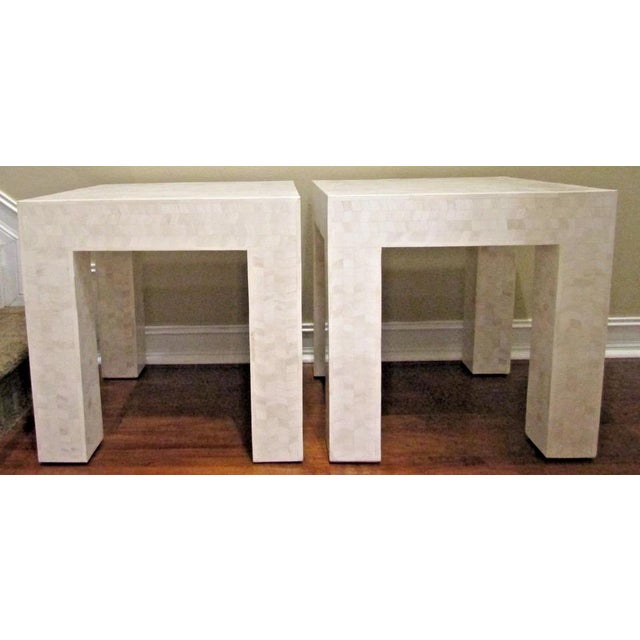 Mid-Century Modern Matched Pair Tessellated Bovine Bone Parsons Style End Tables Circa 1980s For Sale - Image 3 of 12