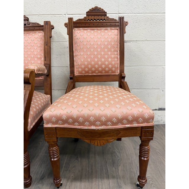 Antique Victorian Eastlake Carved His and Hers Parlor Chairs - Pair For Sale - Image 4 of 11