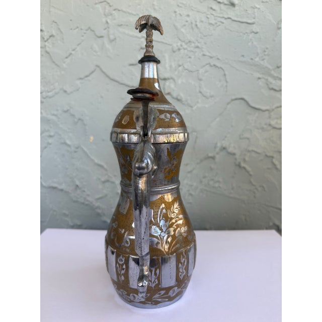 1980s Vintage Middle Eastern Brass & Silver Overlay Dallah Coffee Pot With Engraved Arabic Script – 10.5” For Sale - Image 5 of 12