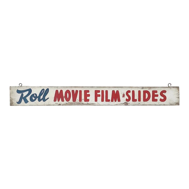 Vintage Wood Red, White & Blue Movies/Film/Slides Sign For Sale
