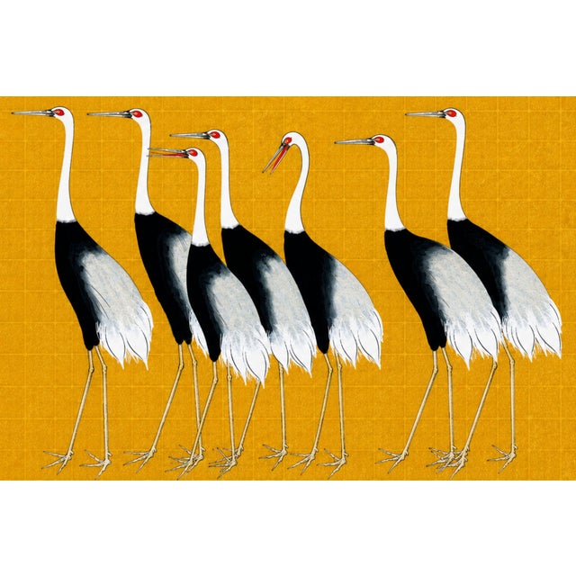 A striking study of six elegant cranes set against a luminous gold ground. Reproduced from a historical Japanese artwork...