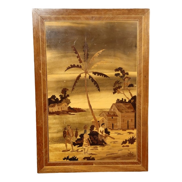 Antique Wood Marquetry Panel with Exotic Scene For Sale