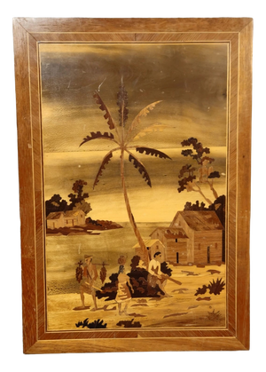 Antique Wood Marquetry Panel with Exotic Scene