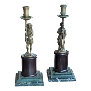 Pair of 19th Century Brass Candlesticks on Marble Bases