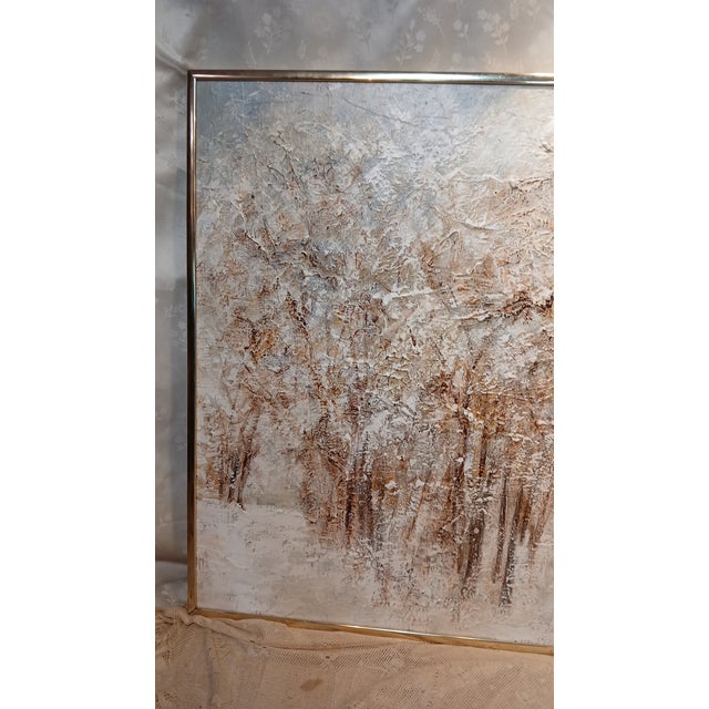 Capture the serene, tactile beauty of a seasonal forest with this striking mid-century modern landscape painting titled...