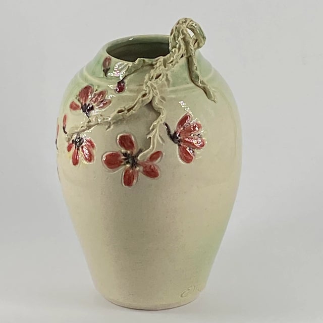 Vintage Studio Pottery Vase With Flower Blossoms & Applied Relief Branch Signed E. M. For Sale - Image 4 of 11