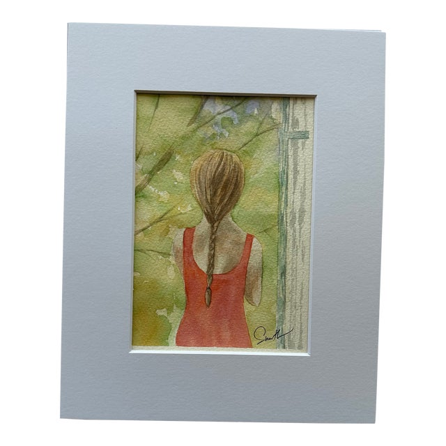 Original Watercolor Painting “Girl at the Window in Springtime” For Sale