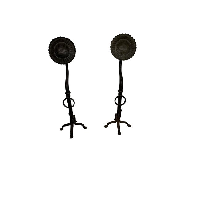 Black 20th Century Sunflower Black Wrought Oversized Iron Hand Forged Andirons - A Pair For Sale - Image 8 of 8