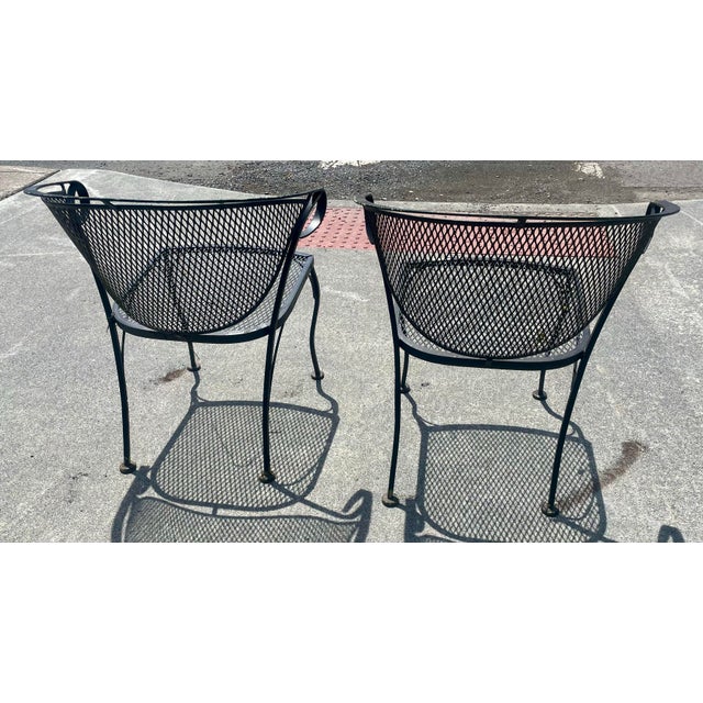 Mid-Century Modern Mid 20th Century Wrought Iron Russell Woodard Pinecrest Barrel Back Mesh Pair of Chairs For Sale - Image 3 of 12
