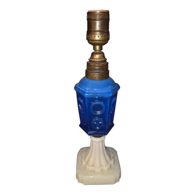 Mid 19th Century Star and Punty Blue Glass Font Lamp For Sale