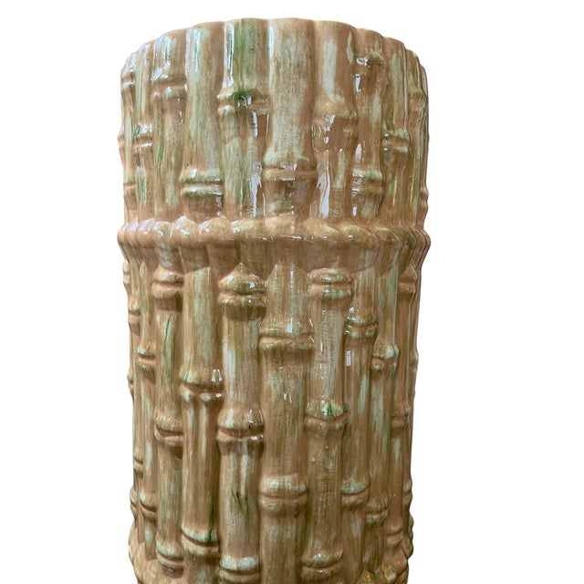 1970s Mid 20th Century Hollywood Regency Majolica Faux Bamboo Umbrella Stand or Floor Vase, Palm Beach Style, 18" For Sale - Image 5 of 9
