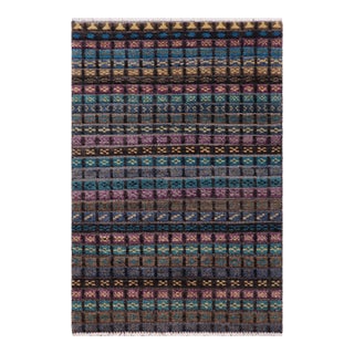 Shabby Chic Black/Blue High Low Wool Rug - 2'10'' X 5'1'' For Sale