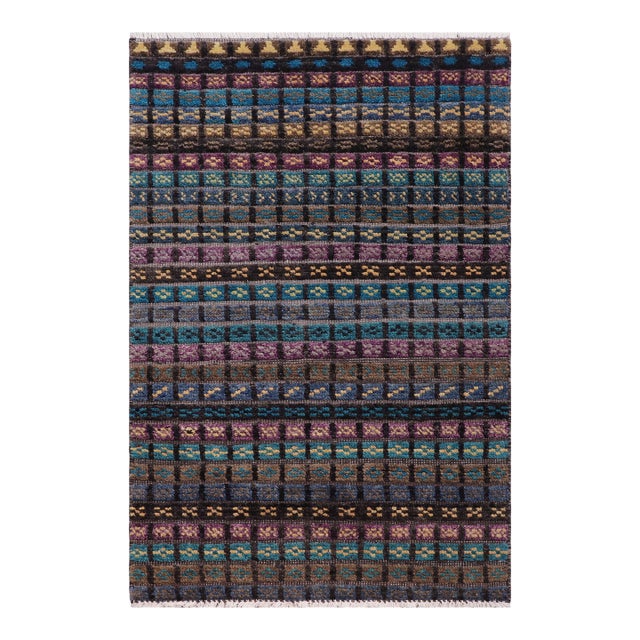 Shabby Chic Black/Blue High Low Wool Rug - 2'10'' X 5'1'' For Sale