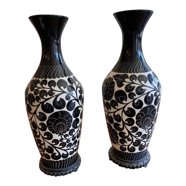 1970s Black and White Painted Ceramic Vases - a Pair For Sale