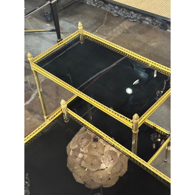 Gold Pair of Jansen Manner Brass and Black Glass Tables For Sale - Image 8 of 10